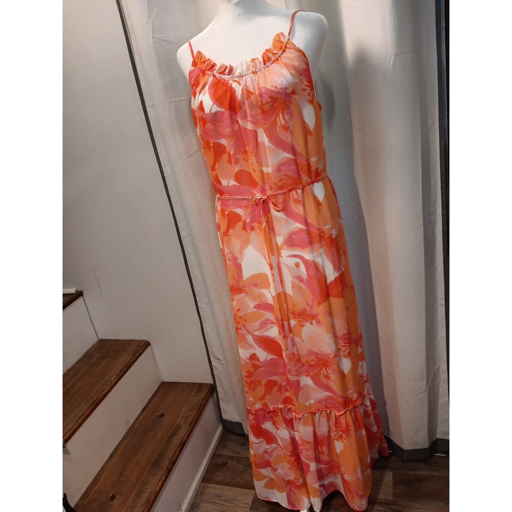 Nicole Miller Tropical Sheer Tiered Maxi Dress  Belted Floral‎ Boho XS